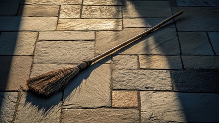 Broom on Slate Floor with Dramatic Light and Shadow Effects