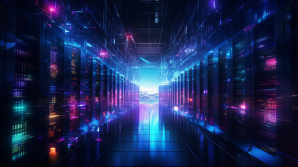 Cybersecurity server room at night with each server
