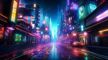 Cyberpunk street at night with each neon sign