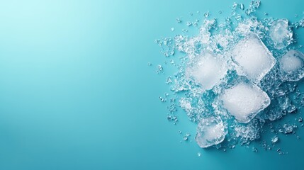 A neat cluster of ice cubes sits on a turquoise surface with droplets of water adding to the visual, symbolizing refreshment and cold comfort.