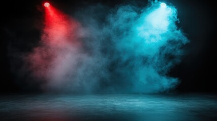 Red and blue stage lights cast ethereal smoky effects, creating a visually striking scene that evokes emotions of awe and wonder in this captivating image.