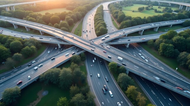 Difficult transport interchange. Intertwined roads and ramps, cars move smoothly through the busy metropolis. Dynamic rhythm of city life.