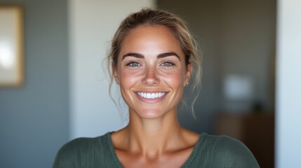 A cheerful woman with wavy light-brown hair, wearing a green shirt, smiles warmly in a softly lit, cozy indoor environment with a blurred background.
