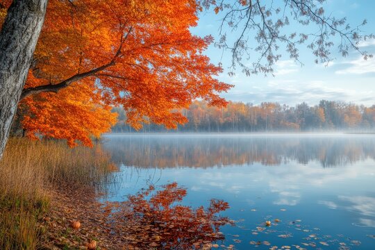 Vibrant autumn foliage reflected in a calm lake at sunrise, misty atmosphere.