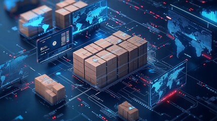A digital representation of shipping boxes and data visualization.