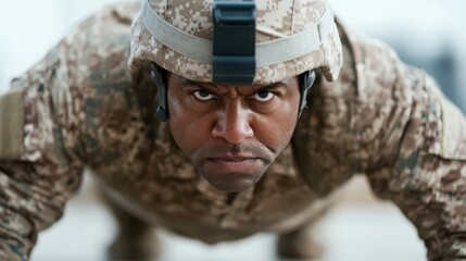 A focused soldier wears camouflage as he engages in an intense push-up exercise, displaying strength and endurance, emphasizing military discipline and training.