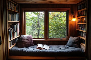 A cozy reading nook with natural textures, environmental composition, warm lamp lighting