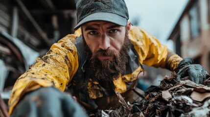 A bearded man in yellow protective gear sorts through debris on a littered street, capturing the essence of commitment to public cleanliness and sanitary measures.