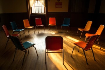 Fototapeta premium A group therapy circle of empty chairs, wide-angle composition, warm interior lighting