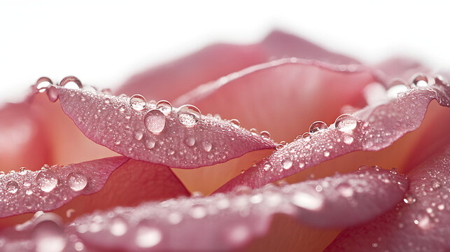 A close-up of rose petals covered in morning dew,  sparkling in soft sunlight - Powered by Adobe
