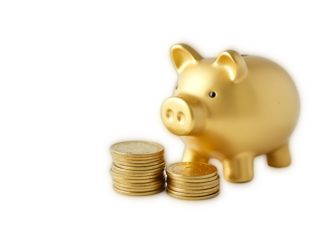 Gold piggy bank beside stacked coins symbolizing savings and financial security achieved through careful budgeting and investing over time in a bright and minimalist setting