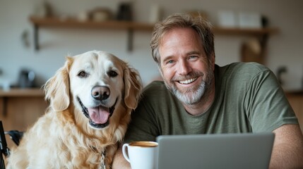 A cheerful man sits with his friendly Golden Retriever, both looking at the camera, while holding a laptop and enjoying coffee in a warm kitchen environment.