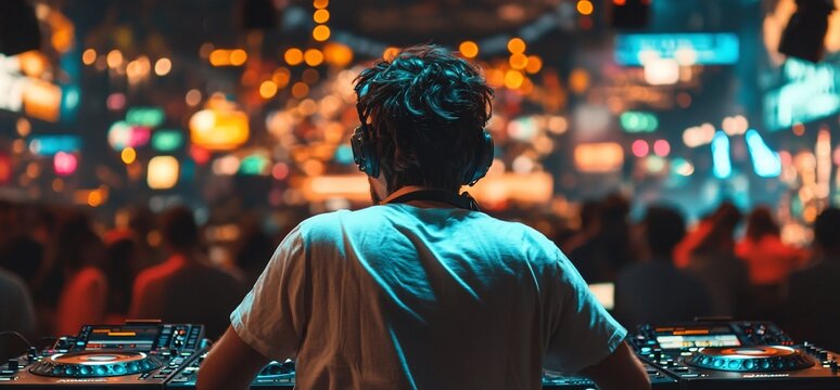 A DJ performing at a lively event, surrounded by an enthusiastic crowd.