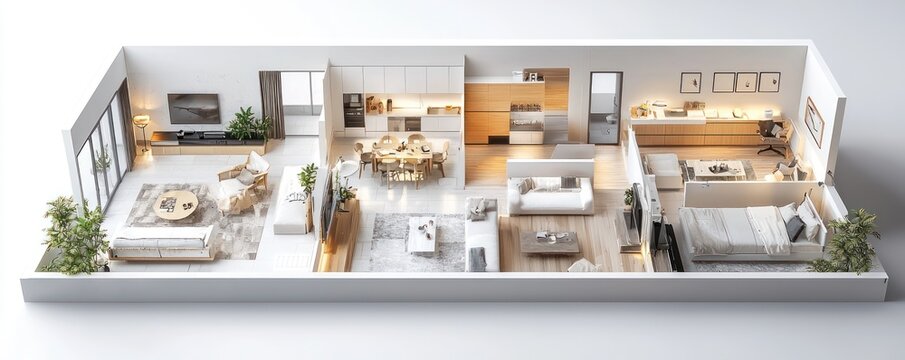 3D rendering of a four-bedroom apartment in isometric , showcasing an efficient layout and sleek interiors.
