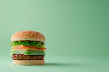 Hamburger with Stacked Cheese and Lettuce on Green Background