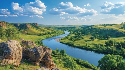 Fototapeta premium Serene River Valley Landscape Under Bright Blue Sky with Clouds