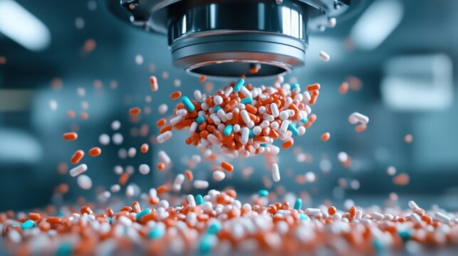 An array of colorful capsules, mainly orange, white, and blue, dynamically captured in motion under a camera lens creating an eye-catching visual spectacle.