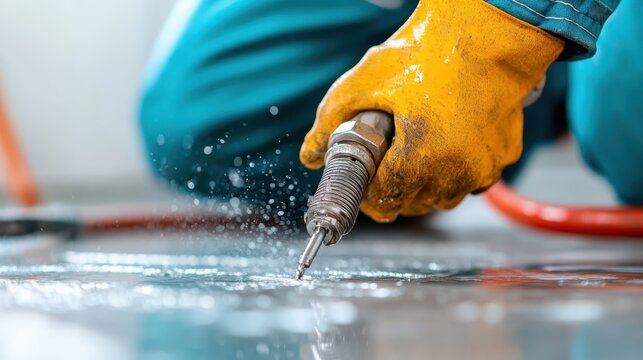 A worker, wearing protective gloves, is shown holding a metal tool close-up, evoking themes of craftsmanship, precision, and industrial dedication.