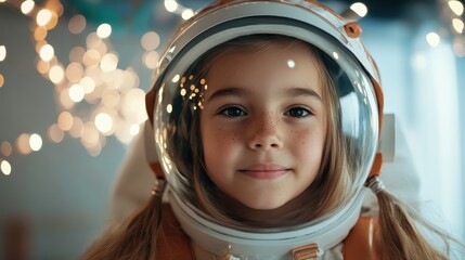 A young girl wearing an astronaut helmet gazes forward with dreamy lights in the background, capturing the essence of youth and imagination in a surreal setting.