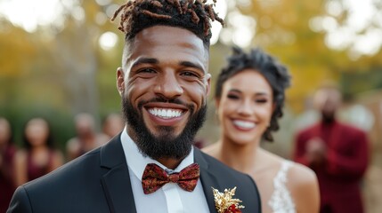 A sharply dressed groom beams a broad smile against a vibrant autumn backdrop, capturing the essence of matrimonial joy and elegance amidst falling leaves.