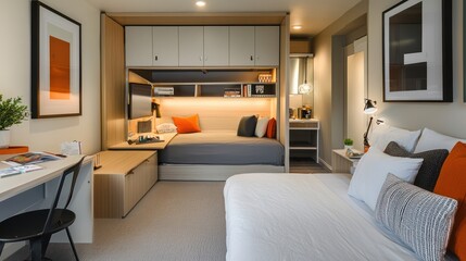 Fototapeta premium A compact studio that seamlessly integrates a bedroom, office, and living space, featuring a versatile Murphy bed and space-efficient furniture.