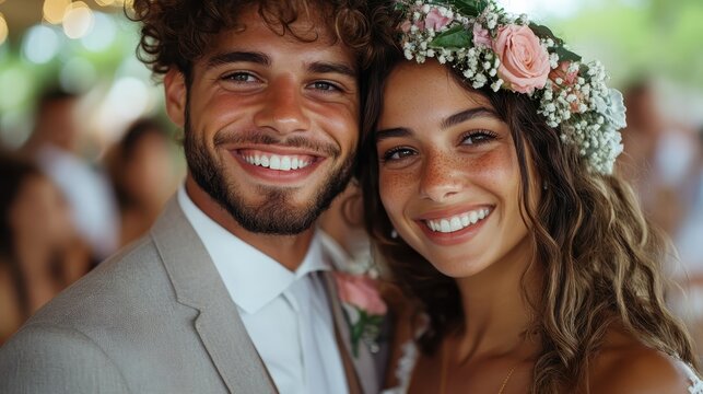 A happy couple on their wedding day, the bride with a floral crown, relishing the love and joy of their special event in a picturesque outdoor setting.