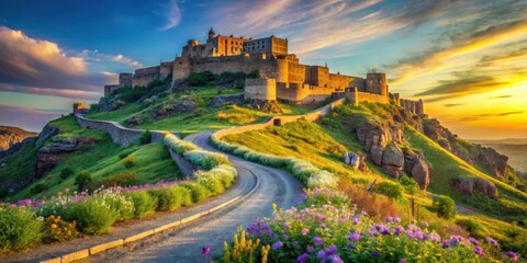Naklejka premium A winding road leads to a fortified castle perched atop a grassy hill, illuminated by the golden hues of a vibrant sunset.