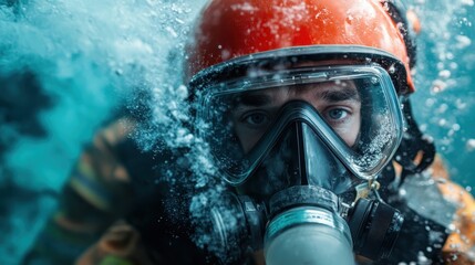 A unique view of a firefighter underwater, wearing a mask and surrounded by intense blue light, highlighting adaptability and courage in extreme conditions.