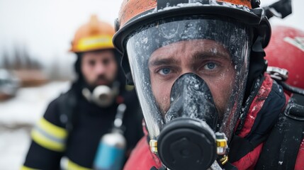 Naklejka premium A firefighter pictured in snowy conditions, wearing a mask with a steady gaze, emphasizing determination and resilience amid challenging circumstances.