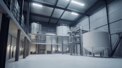 Obraz premium Modern Industrial Facility Interior with Large Storage Tanks and Equipment