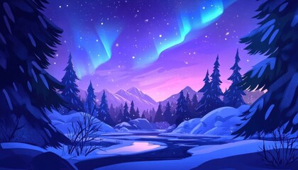 A serene winter landscape featuring mountains, a river, and auroras.