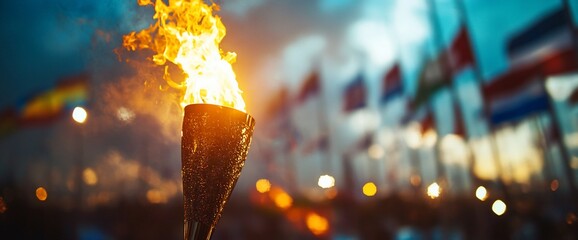 A flaming torch symbolizes unity, surrounded by flags from various nations.