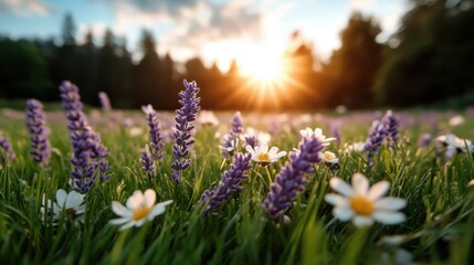 A serene and picturesque meadow at sunrise, featuring vibrant lavender and white daisies basking in golden sunlight, capturing the essence of peace and natural beauty.