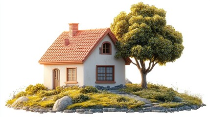 Charming cottage surrounded by lush greenery idyllic setting digital art tranquil landscape elevated view home concept