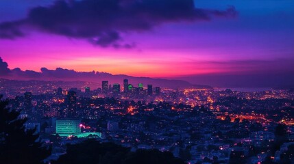 Fototapeta premium A vibrant city skyline at sunset, showcasing colorful lights and clouds.