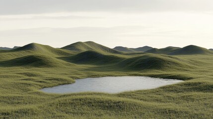 Fototapeta premium Tranquil Green Hills with a Serene Pond Under Soft Sky