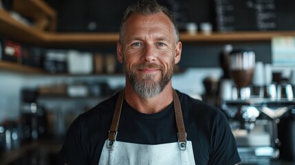 An experienced barista with a graying beard and a grey apron stands confidently in a modern coffee shop, exuding warmth and professionalism as he greets patrons.