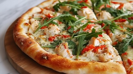 Alaskan Crab pizza with creamy white sauce, fresh arugula, and Parmesan on a rustic stone-baked crust