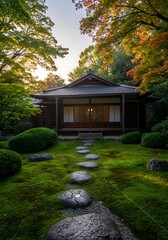 Serene Japanese Garden House Mossy Path Autumn Trees