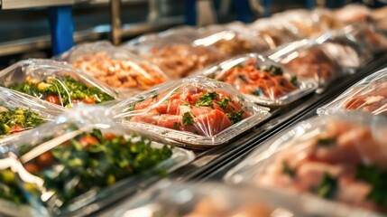 Obraz premium Freshly Packaged Raw Ingredients Displayed in Supermarket Aisle