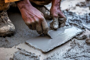 A worker smoothing wet concrete with a trowel on a construction site.