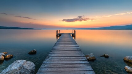 Obraz premium A tranquil scene a wooden pier extending into a serene lake at sunset, capturing the essence peace and reflection in nature