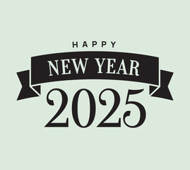 Classic vector illustration of Happy New Year 2025 with bold typography and ribbon design. Perfect for holiday cards, banners, and festive greeting projects