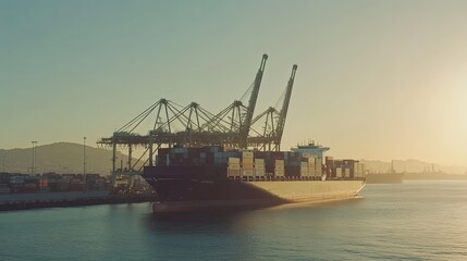 Fototapeta premium Silent Port Struggle: A Docked Cargo Ship Amidst Cranes and Stacked Containers, Highlighting the Impact of a Labor Strike on Global Trade