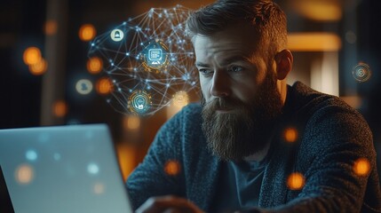 A focused individual working on a laptop with digital icons representing technology.