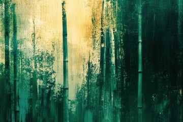 Bamboo forest in linear abstraction, jade green and bamboo gold, filtered sunlight