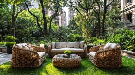 A beautifully green garden with wicker furniture on the terrace, offering a serene and stylish atmosphere to relax in.