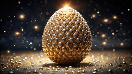 A shimmering golden egg adorned with pearlescent accents rests on a bed of glittering particles, illuminated by a soft, warm glow.