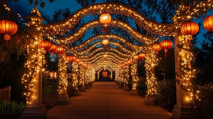 Obraz premium Illuminated archway pathway at night with lanterns and string lights.