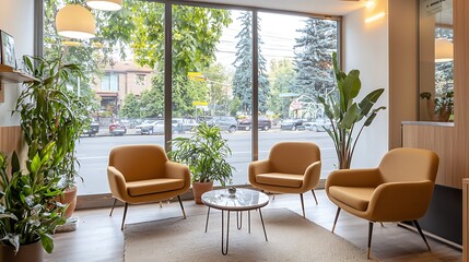 Modern waiting area with yellow armchairs, plants, and large window overlooking street.
